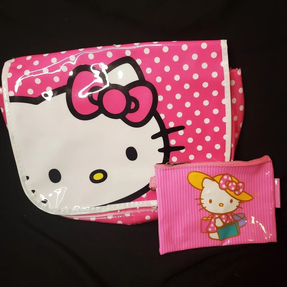 Hello Kitty Sanrio Y2K Vinyl Bag SET Of 2 Mini Backpack / Zipper Carry All Pouch
